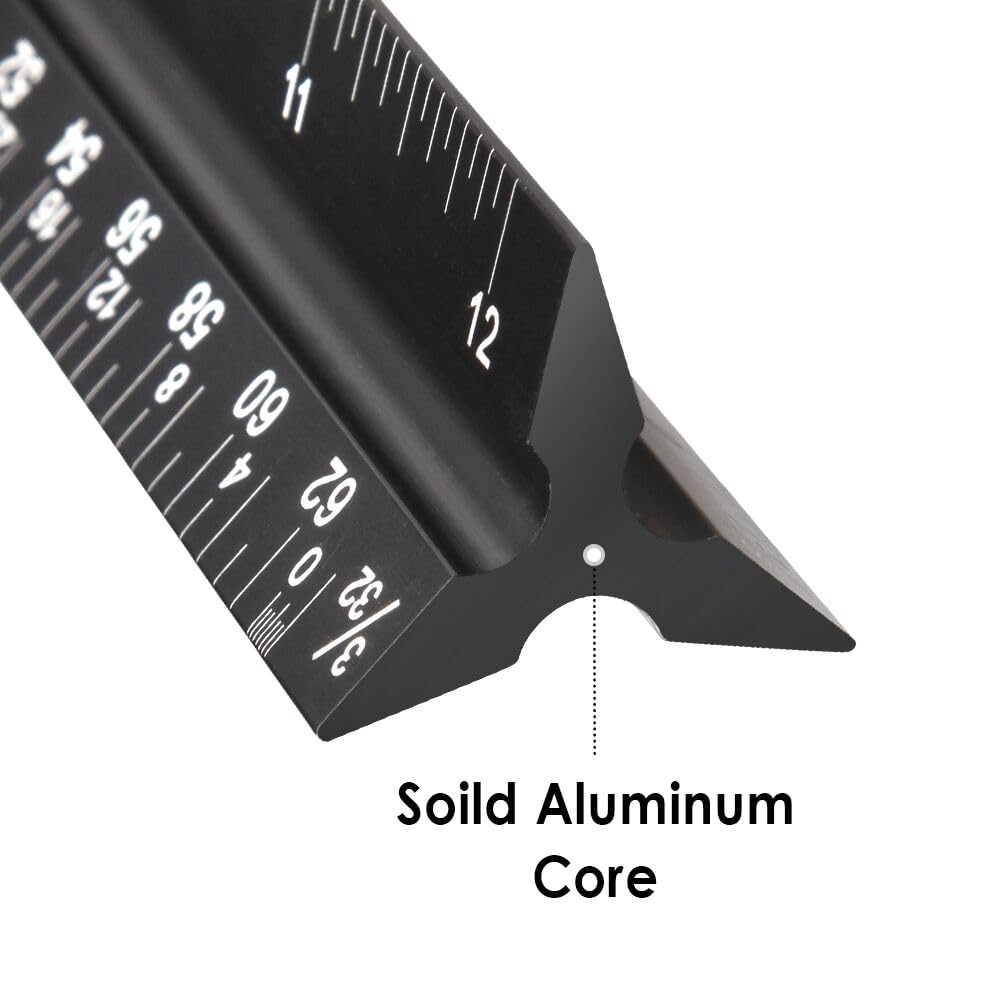 Architectural Scale Ruler 12 Inch, Aluminum Triangular Drafting Ruler