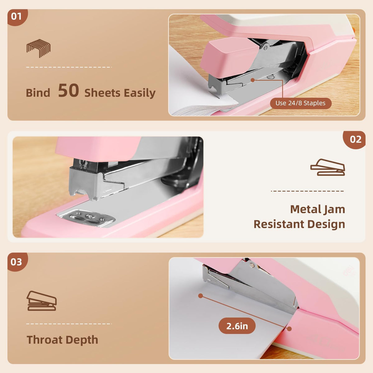 Deli Effortless Desktop Stapler, Heavy Duty Stapler, Pink