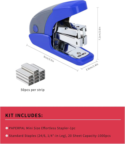 PAPERPAL Effortless Mini Stapler Set, 20 Sheet Capacity, Integrated Remover & Staple Storage, Holds 1/4" Staples, Includes 1000 Staples, Lightweight, Office, School & Daily Use, Dark Blue