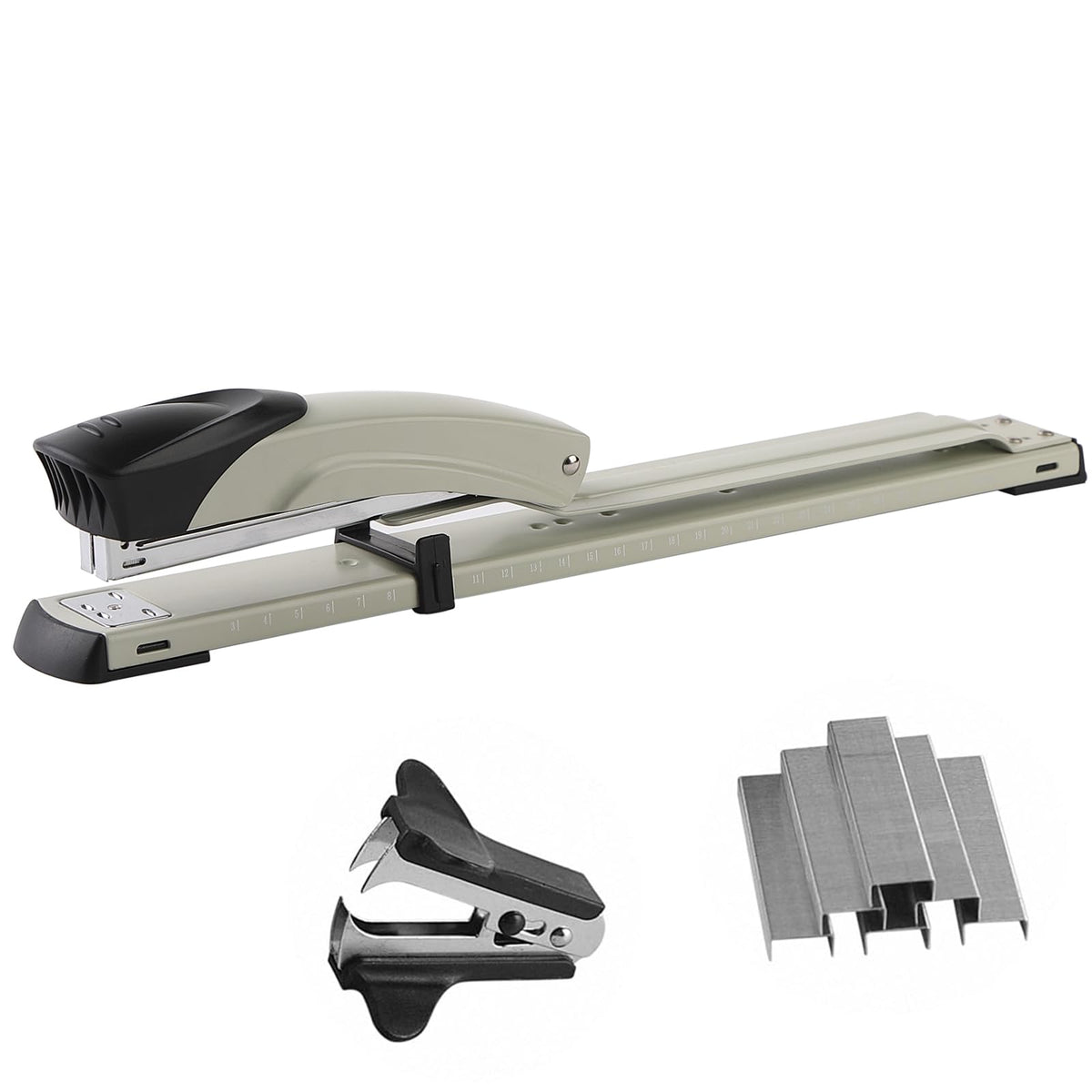 Long Reach Stapler,with 2000 Staples & Stapler Remover Full Strip,20-25 Sheet Capacity,with Built-in Ruler and Adjustable Locking Paper Guide, Gray