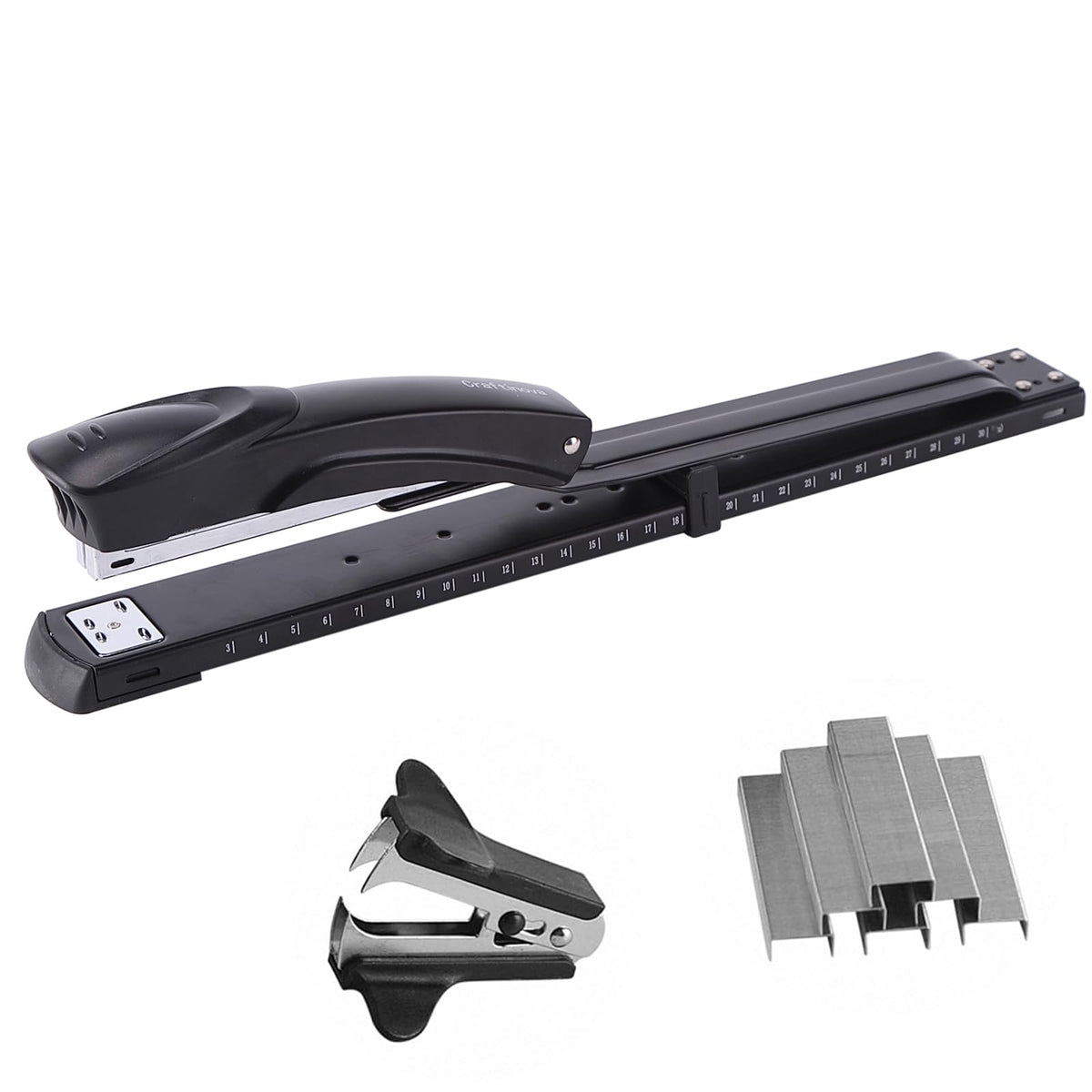 Long Reach Stapler,with 2000 Staples & Stapler Remover Full Strip,20-25 Sheet Capacity,with Built-in Ruler and Adjustable Locking Paper Guide, Gray