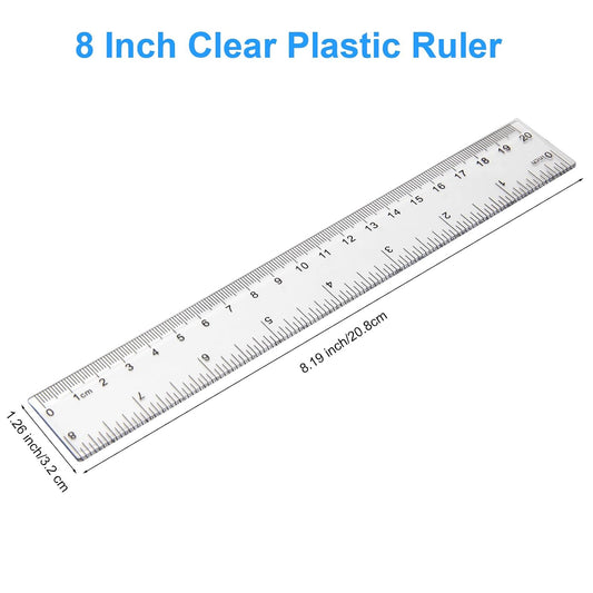 2 Pack - 8 inch Clear Plastic Ruler Straight Shatterproof Transparent Rulers for Office Supply (Clear)