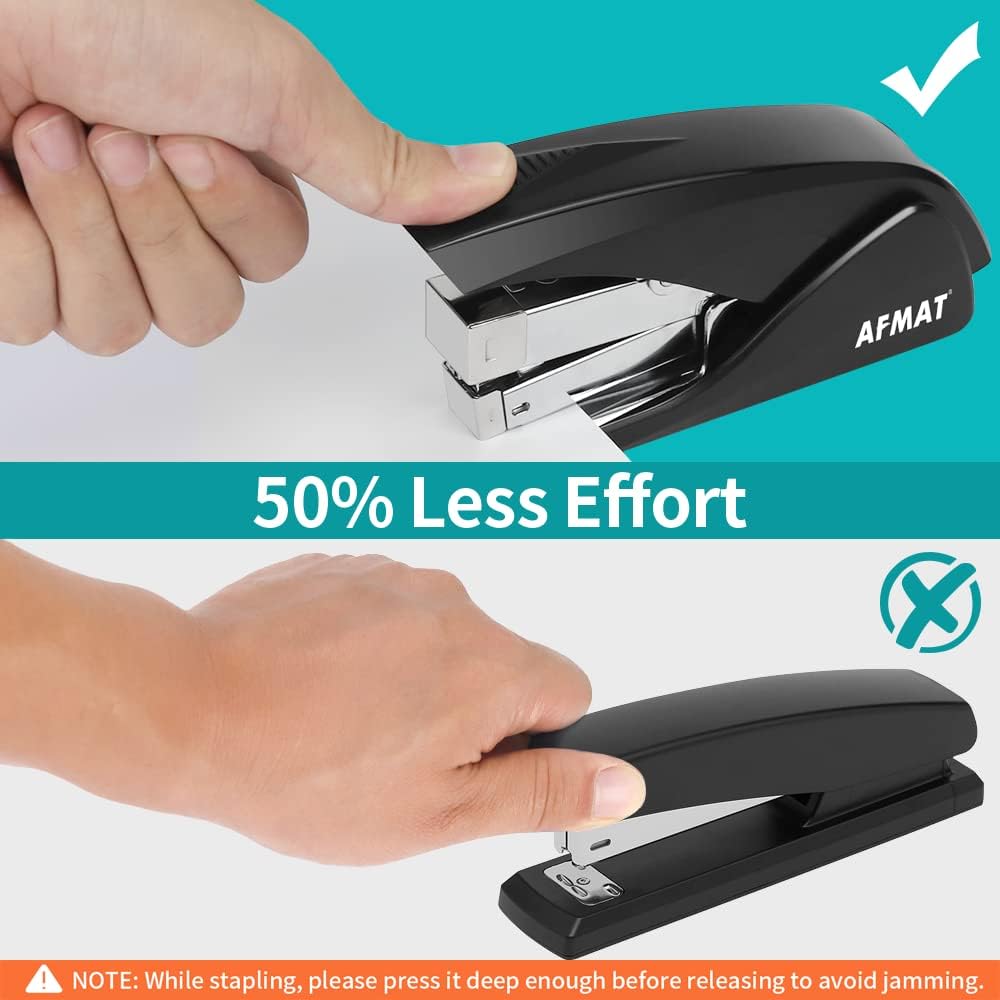 AFMAT ES10 Stapler for Desk, 50 Sheet Effortless Desktop Stapler Staple with One Finger, Portable Ergonomic Handheld Staplers Heavy Duty, Built-in Remover, Space Save Size, Good for Home & Office