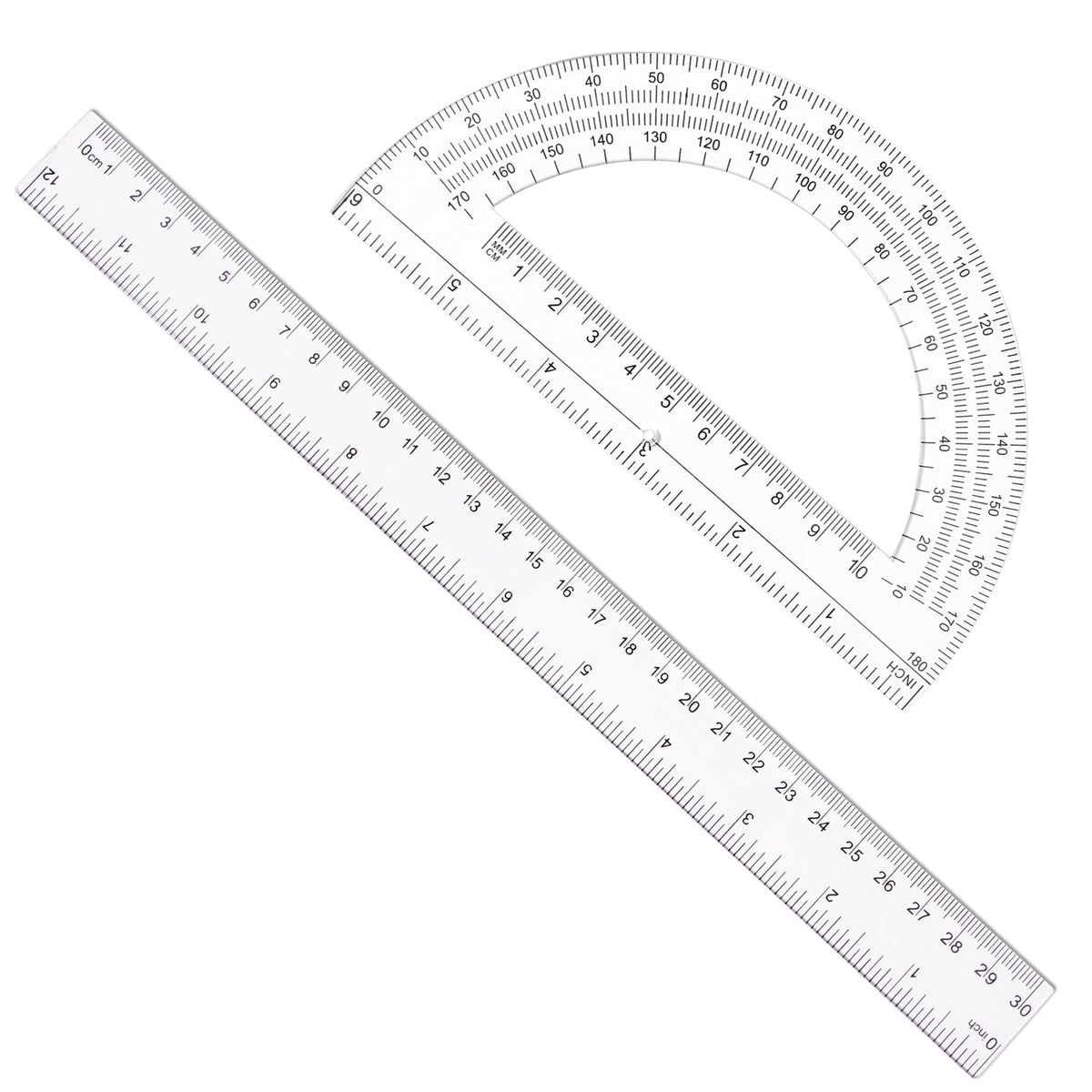 Unjoo 2 Pack 12 inch Clear Ruler and 6 inch Plastic Protractor Set, Clear
