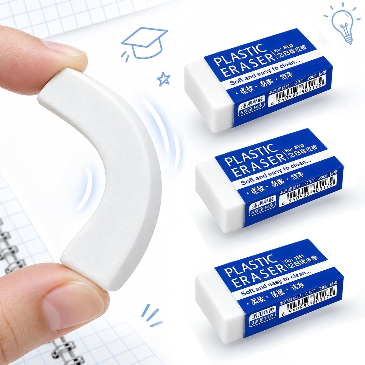 12 Pack White Erasers for Pencils, Large Eraser for Kids and Artists