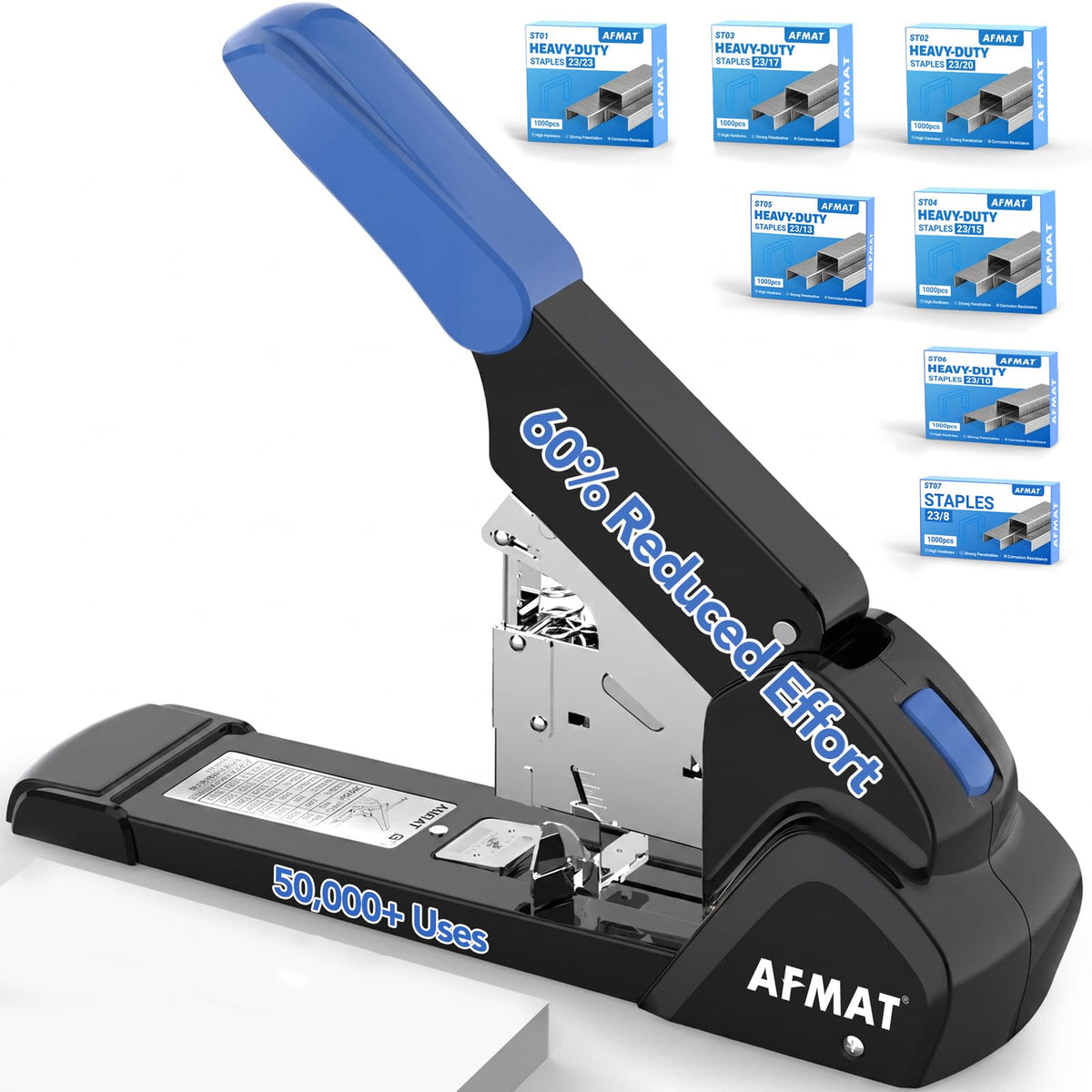 AFMAT ES15 Heavy Duty Stapler, 210 Sheet Staplers for Desk with 7000 Staples, Jam-Free, 50000+ Uses, 60% Reduced Effort, Easy Reload, Adjustable Paper Guide, Large Metal Manual Office Staplers,