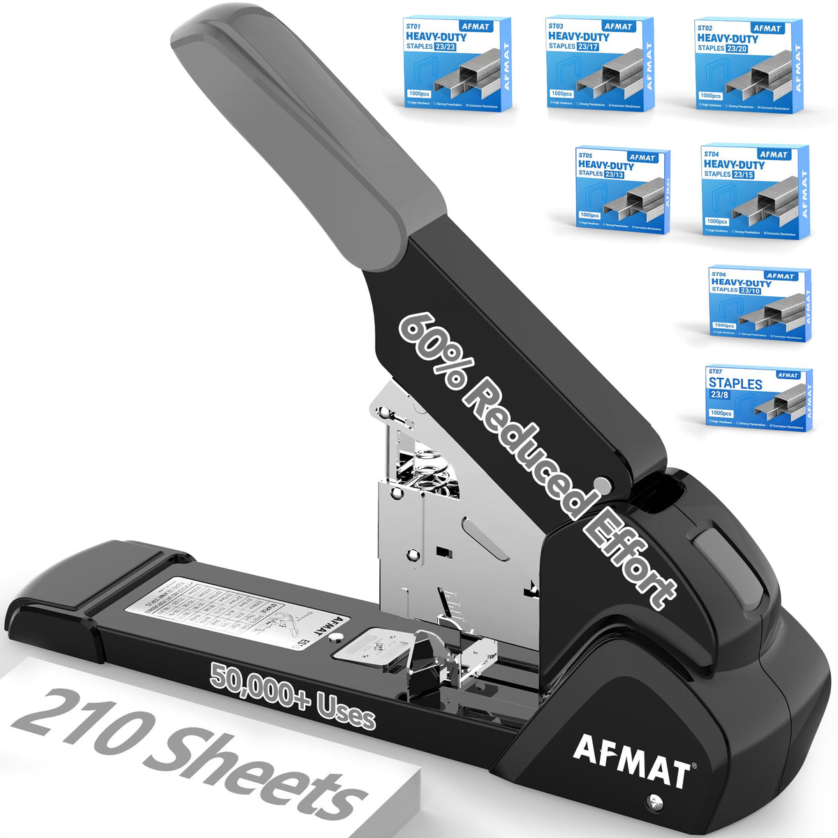 AFMAT ES15 Heavy Duty Stapler, 210 Sheet Staplers for Desk with 7000 Staples, Jam-Free, 50000+ Uses, 60% Reduced Effort, Easy Reload, Adjustable Paper Guide, Large Metal Manual Office Staplers,