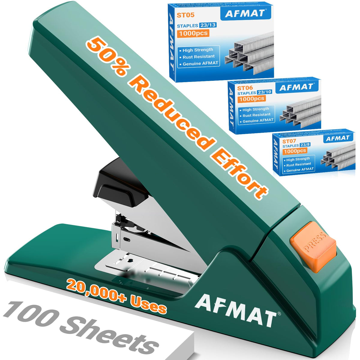 AFMAT ES18 Heavy Duty Stapler-100 Sheet, 50% Less Effort, 20,000+ Uses