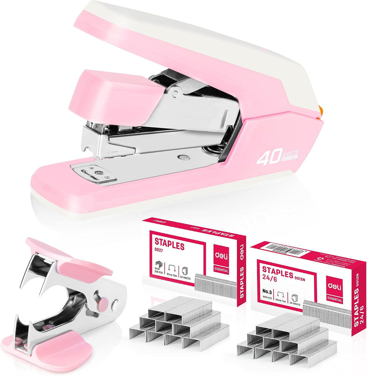 Deli Effortless Desktop Stapler, Heavy Duty Stapler, Pink
