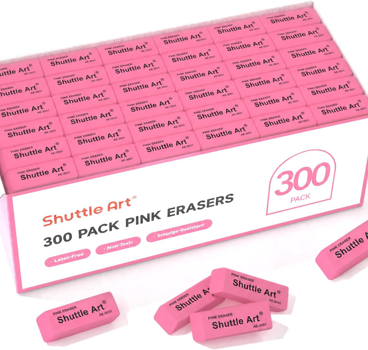 Shuttle Art Pink Erasers, 300 Pack Bulk for School, Office, Latex-Free Soft Erasers for Kids, Teachers as School Supplies