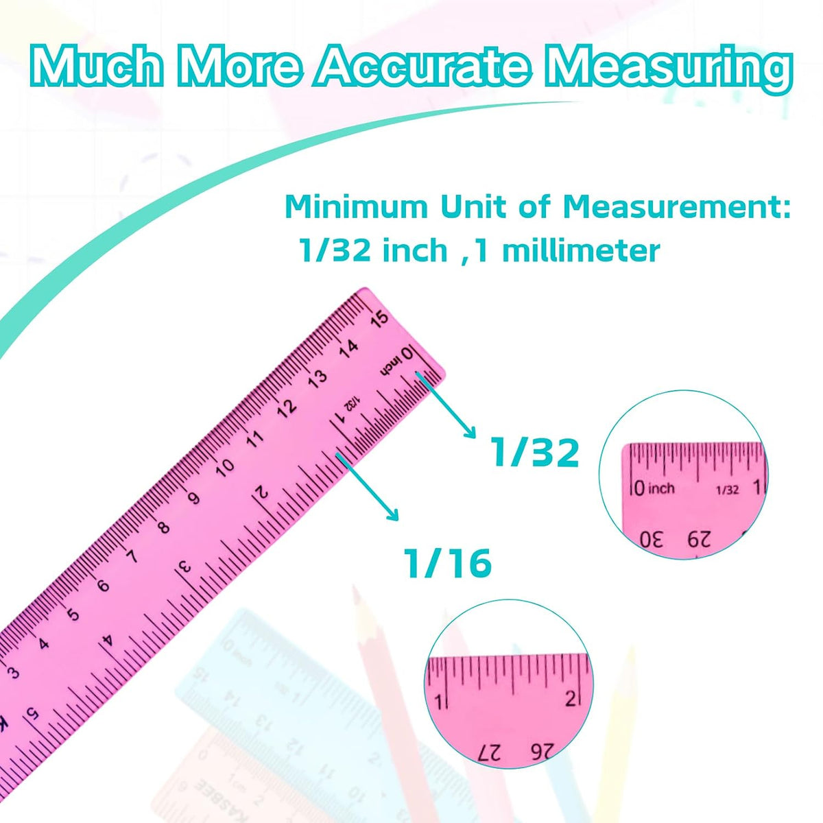 6 Inch Ruler Plastic, Colored Clear Rulers for Kids, School, Office, 7PCS