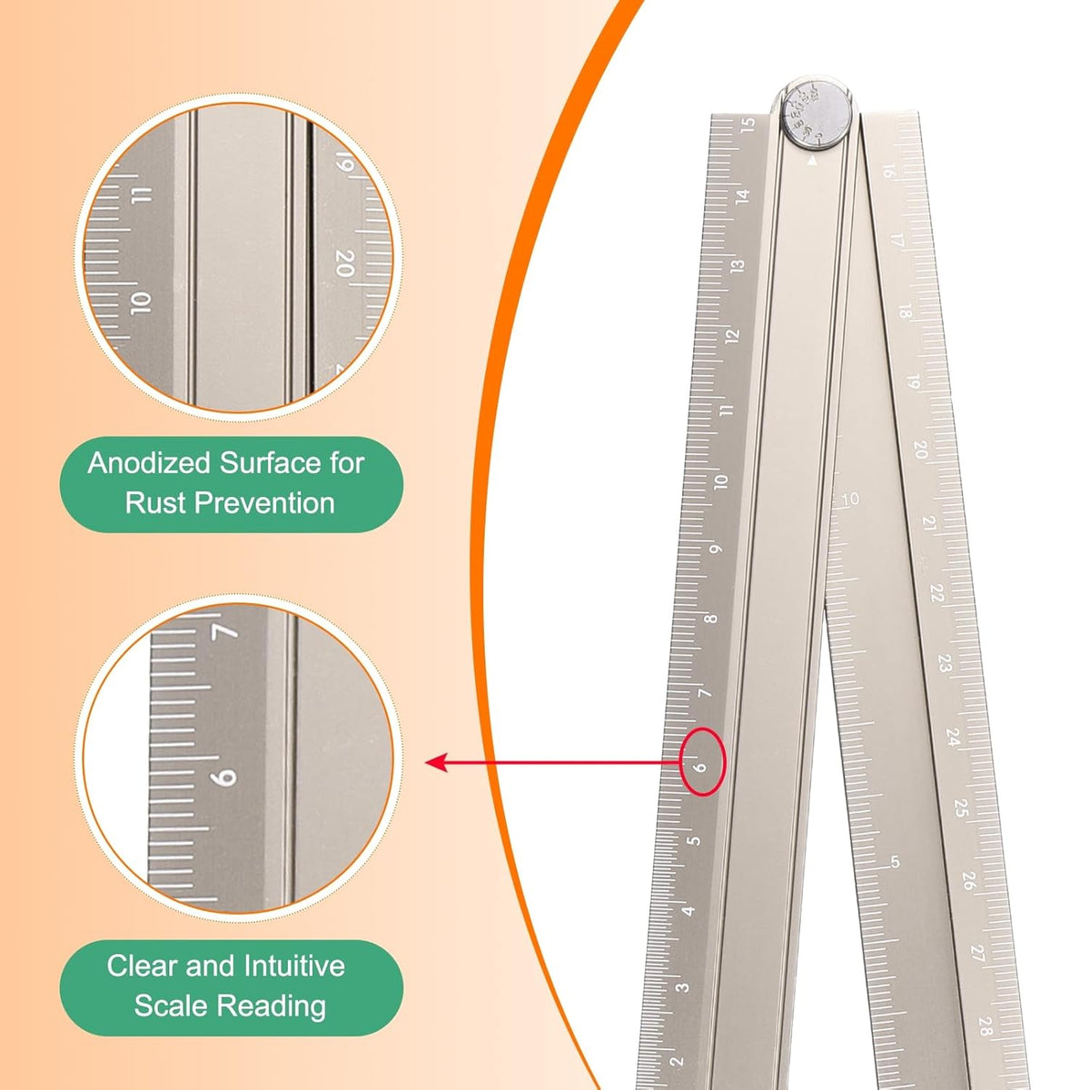 HARFINGTON Folding Straight Ruler 30cm Aluminum Alloy Protractor Khaki