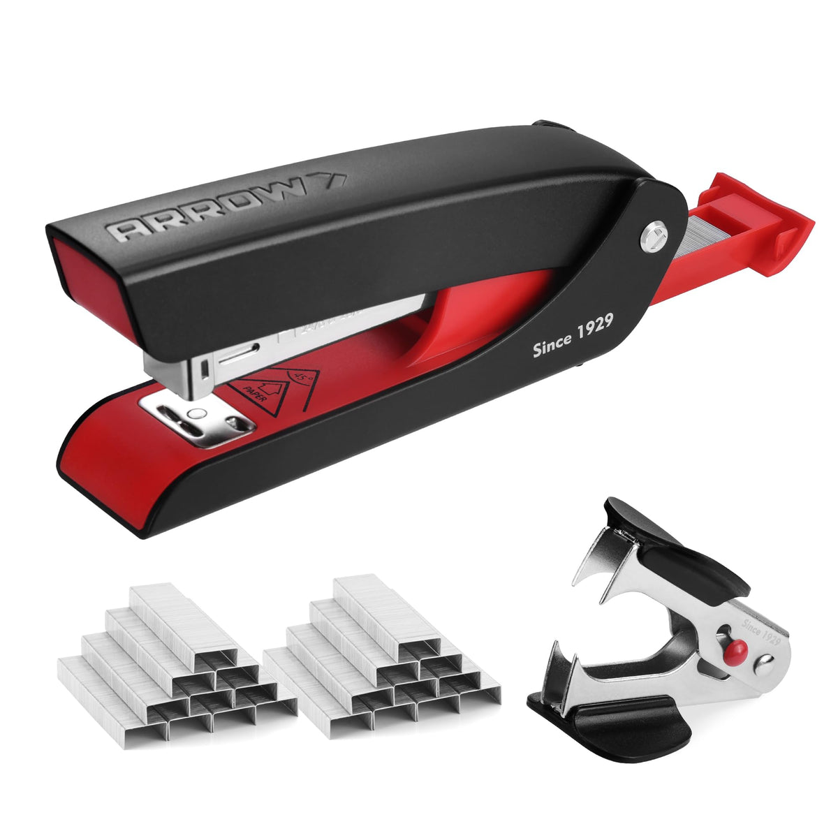 Arrow Office Stapler Set, 25 Sheet Capacity Metal Desk Stapler with 2100 Staples and Staple Remover, Half Strip Design and Non-Slip Base, Spare Staple Storage for Classroom, Office and Home