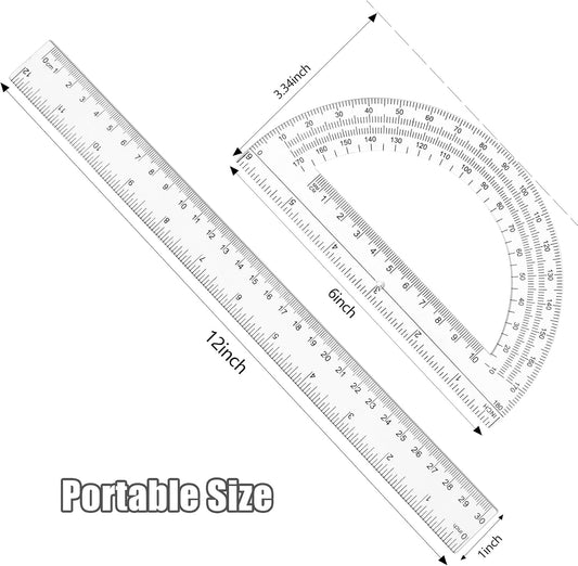 Unjoo 2 Pack 12 inch Clear Ruler and 6 inch Plastic Protractor Set, Clear