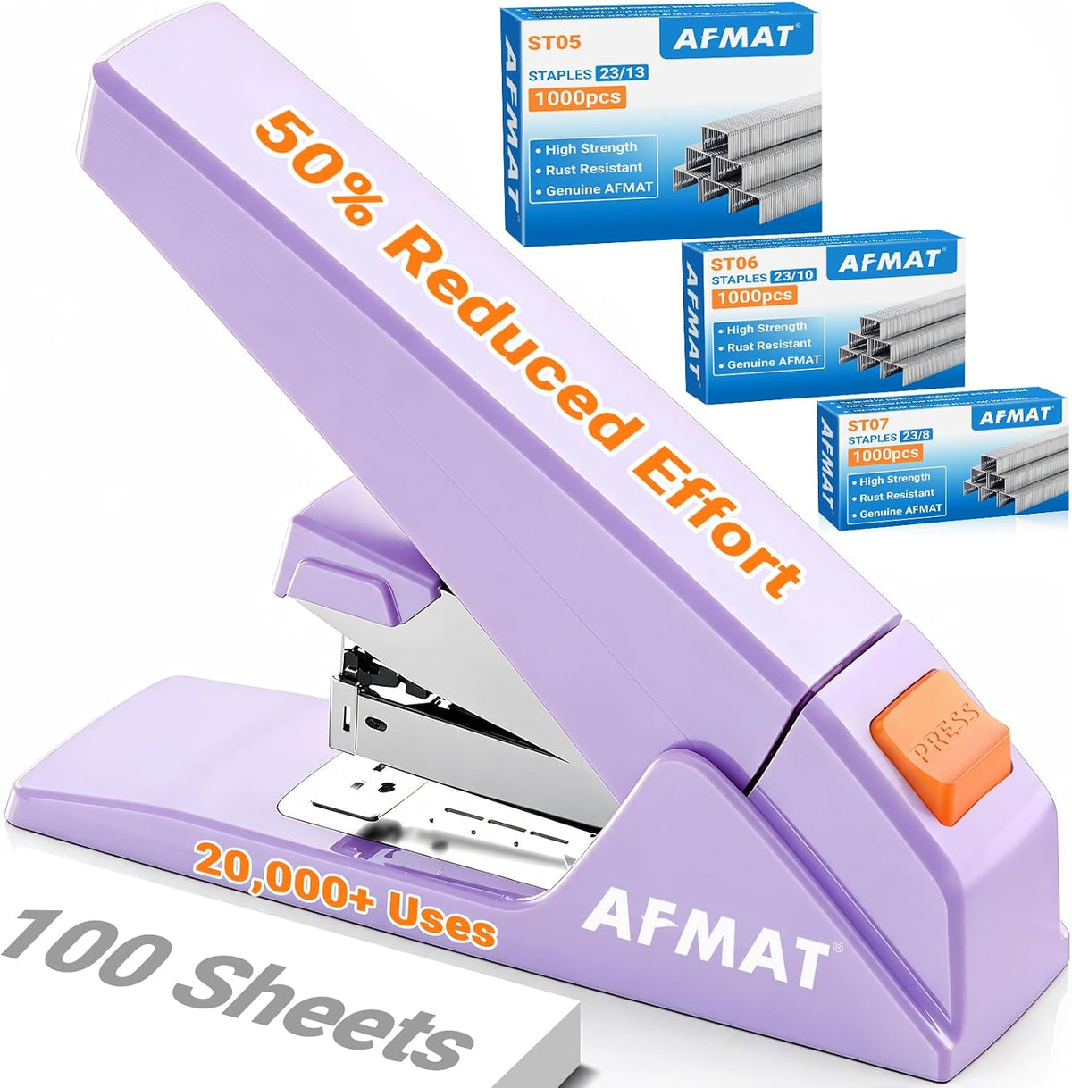 AFMAT ES18 Heavy Duty Stapler-100 Sheet, 50% Less Effort, 20,000+ Uses