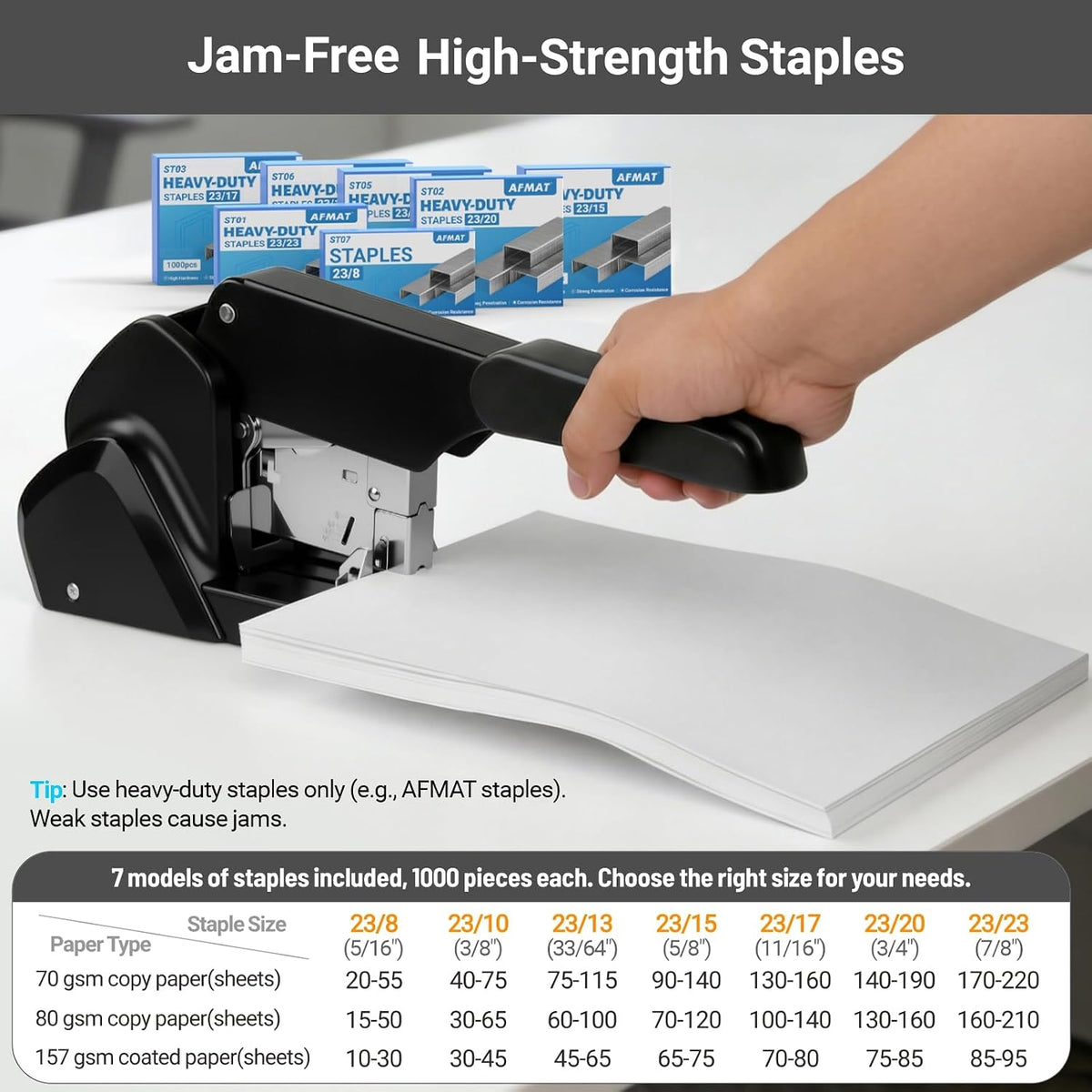 AFMAT ES15 Heavy Duty Stapler, 210 Sheet Staplers for Desk with 7000 Staples, Jam-Free, 50000+ Uses, 60% Reduced Effort, Easy Reload, Adjustable Paper Guide, Large Metal Manual Office Staplers,