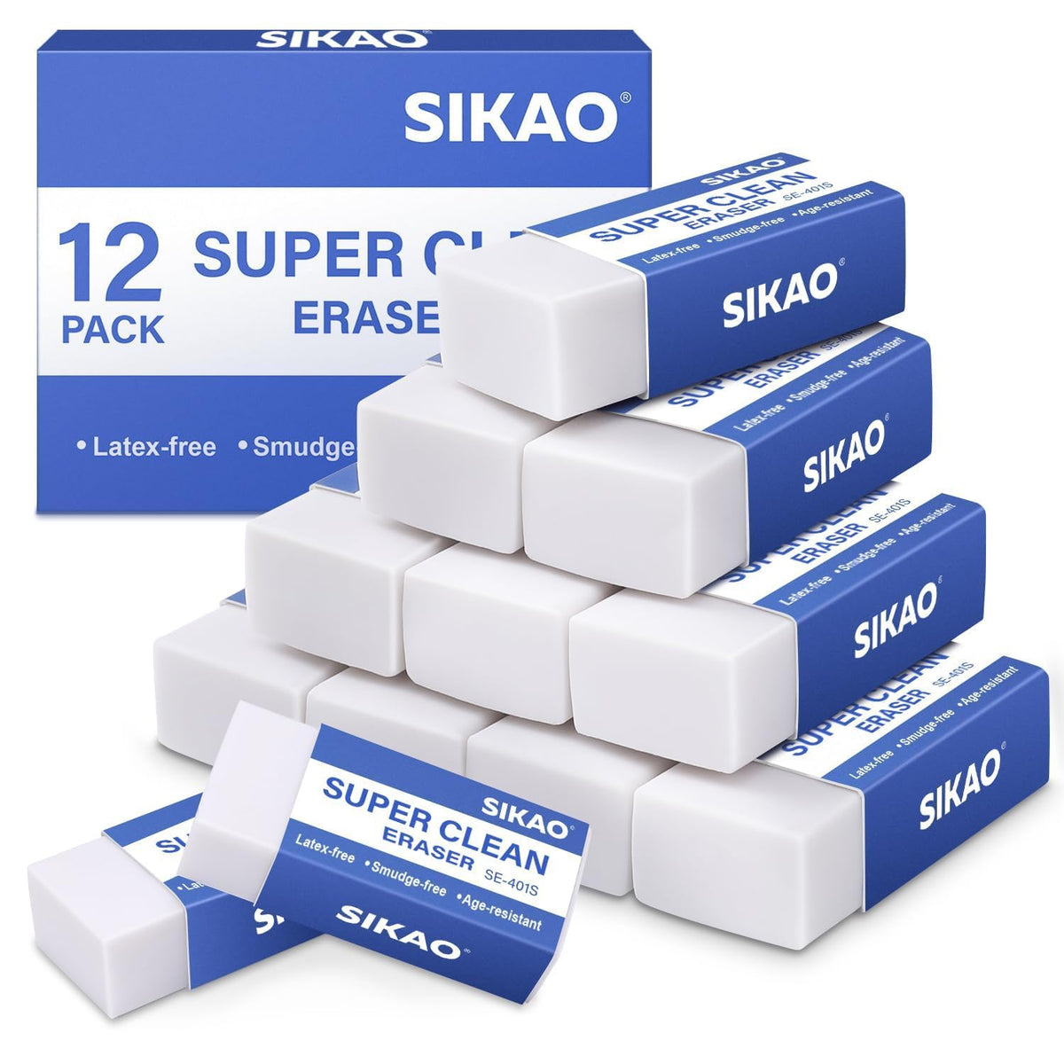 White Erasers, 12 Pack Block Pencil Erasers Super Clean Non-Melting