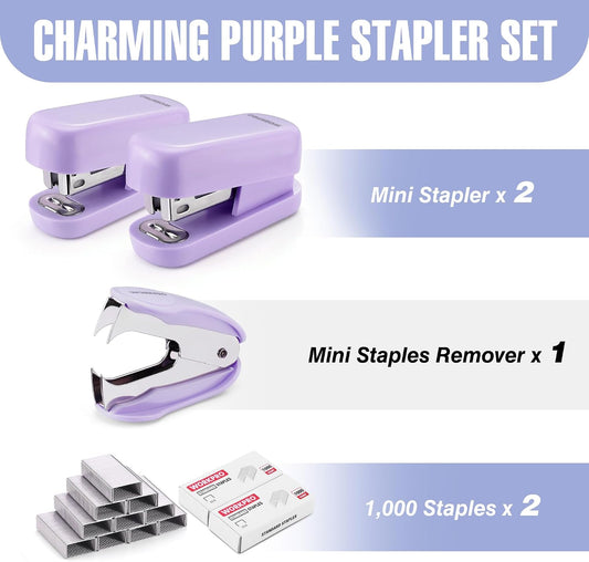 WORKPRO Small Stapler with Staples, Cute Purple Stapler Set, Lock Design