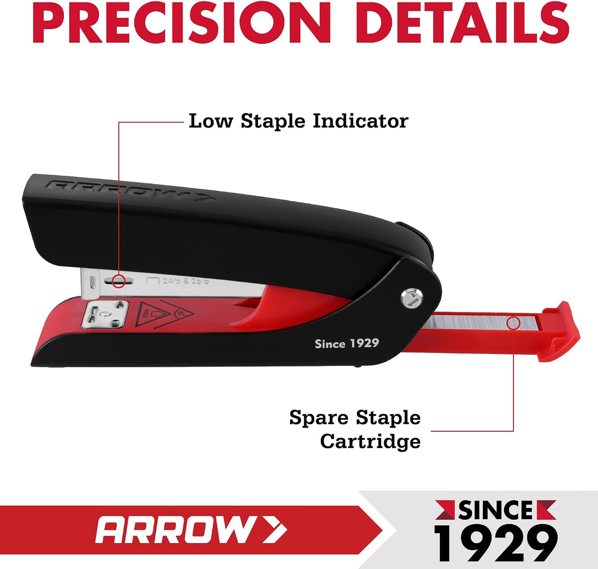 Arrow Office Stapler Set, 25 Sheet Capacity Metal Desk Stapler with 2100 Staples and Staple Remover, Half Strip Design and Non-Slip Base, Spare Staple Storage for Classroom, Office and Home