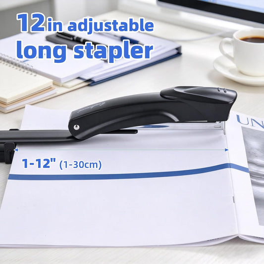 Long Reach Stapler,with 2000 Staples & Stapler Remover Full Strip,20-25 Sheet Capacity,with Built-in Ruler and Adjustable Locking Paper Guide, Gray