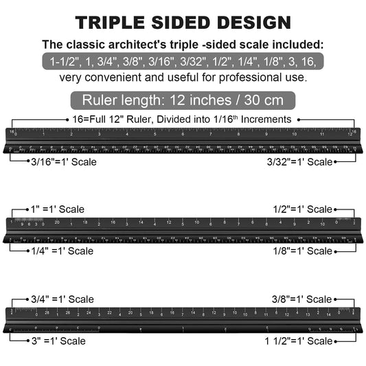Architectural Scale Ruler Set, 2 Pack 12 Inch Aluminum Architect Ruler with Standard Metal Ruler, Imperial Architect Triangular Ruler with Etching for Architects, Engineers, Students and Draftsman