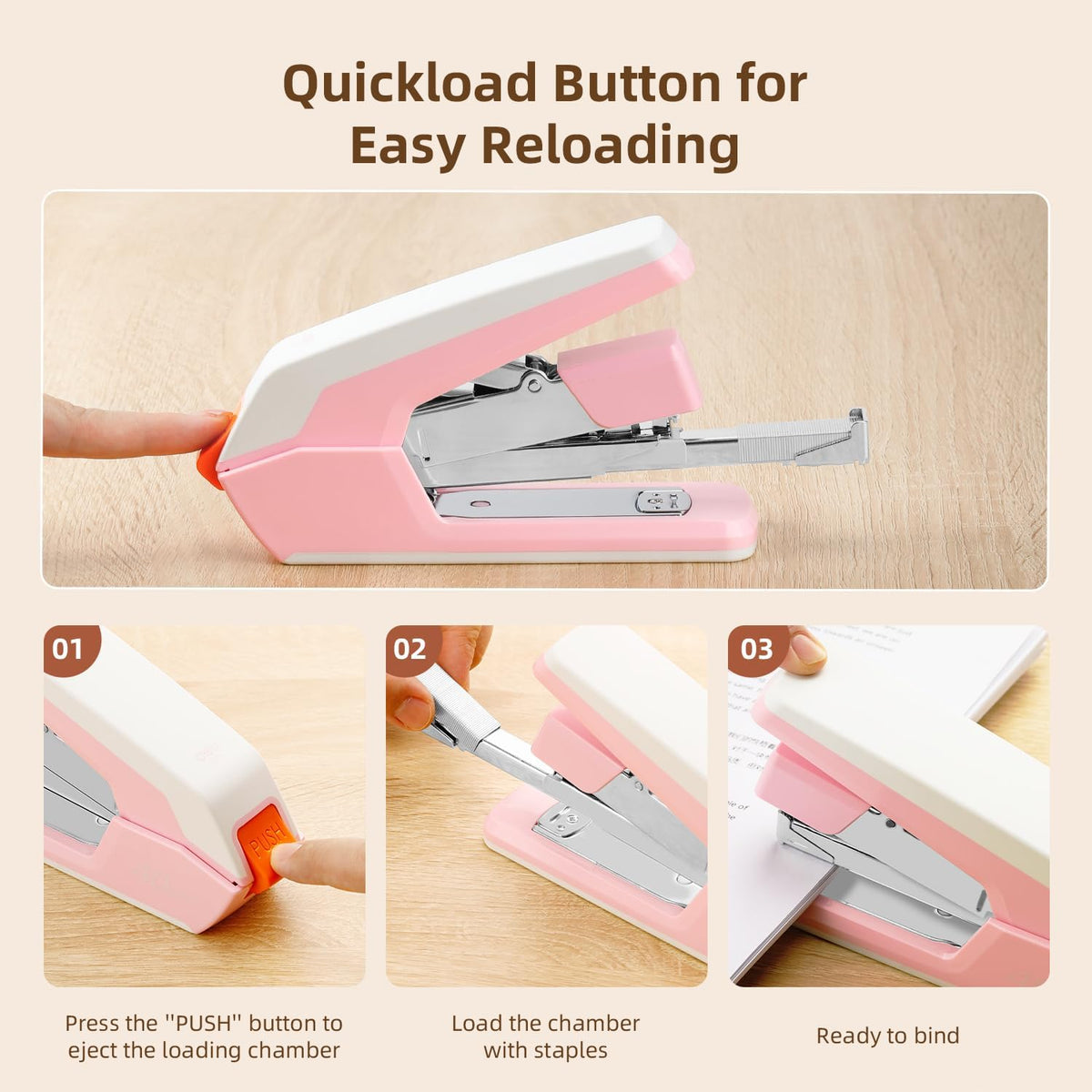 Deli Effortless Desktop Stapler, Heavy Duty Stapler, Pink
