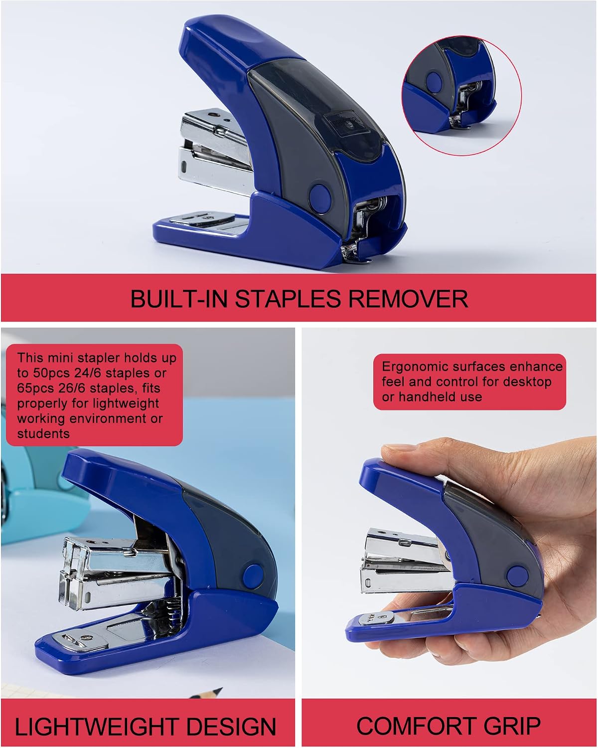 PAPERPAL Effortless Mini Stapler Set, 20 Sheet Capacity, Integrated Remover & Staple Storage, Holds 1/4" Staples, Includes 1000 Staples, Lightweight, Office, School & Daily Use, Dark Blue