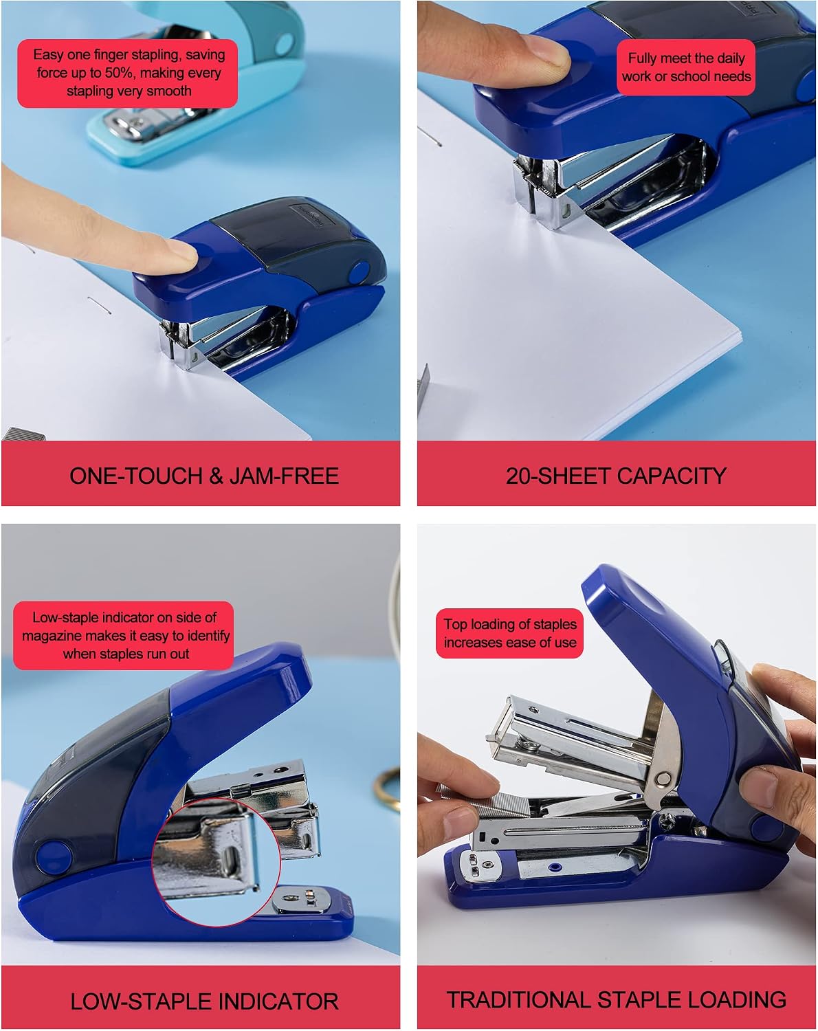 PAPERPAL Effortless Mini Stapler Set, 20 Sheet Capacity, Integrated Remover & Staple Storage, Holds 1/4" Staples, Includes 1000 Staples, Lightweight, Office, School & Daily Use, Dark Blue