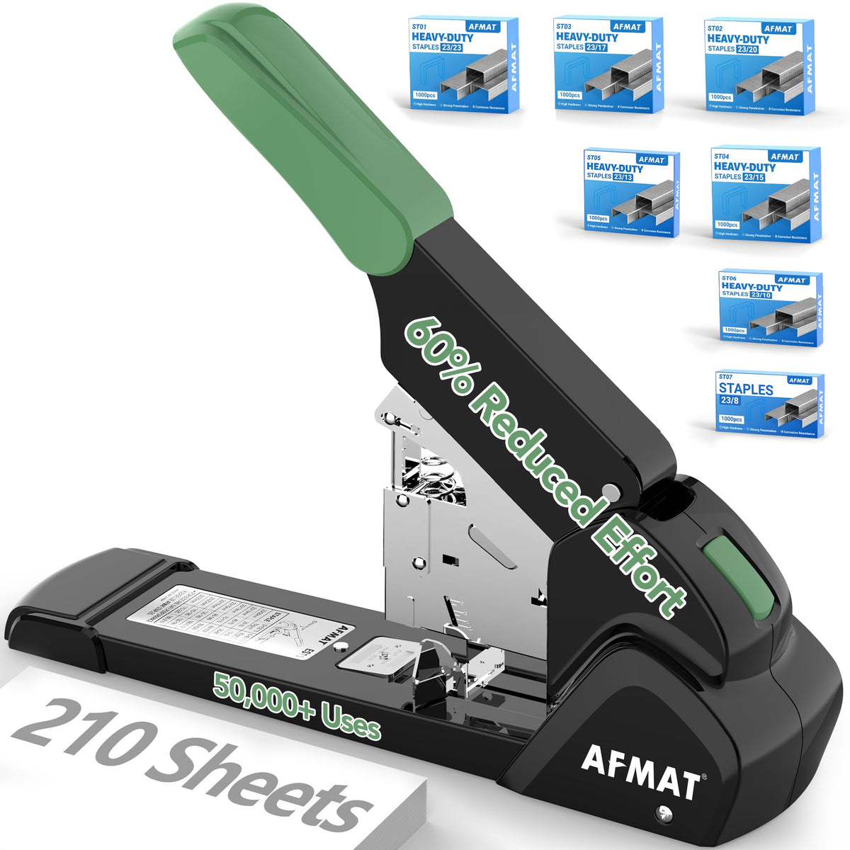 AFMAT ES15 Heavy Duty Stapler, 210 Sheet Staplers for Desk with 7000 Staples, Jam-Free, 50000+ Uses, 60% Reduced Effort, Easy Reload, Adjustable Paper Guide, Large Metal Manual Office Staplers,