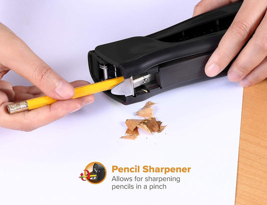 Bostitch Office Eco-Friendly Dynamo 4 in 1 Standup Stapler, Includes 420 Staples, 20 Sheet Capacity, Integrated Pencil Sharpener, Staple Remover & Staple Storage, Black