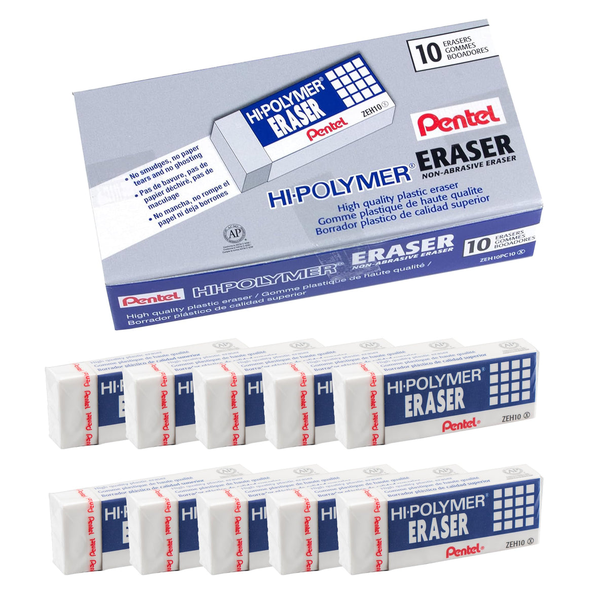 Pentel Hi-Polymer Block Eraser, Large, White, Pack of 10 Erasers