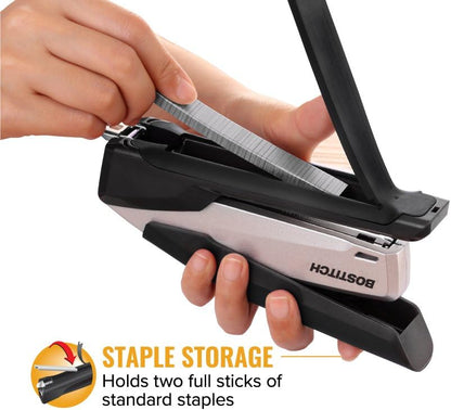 Bostitch Office Executive Metal Desktop Stapler, 3 in 1 Spring Powered Stapler, One Finger, Staple Storage Compartment & Staple Remover, Includes 210 Staples, 28 Sheet Capacity, Black/Gray