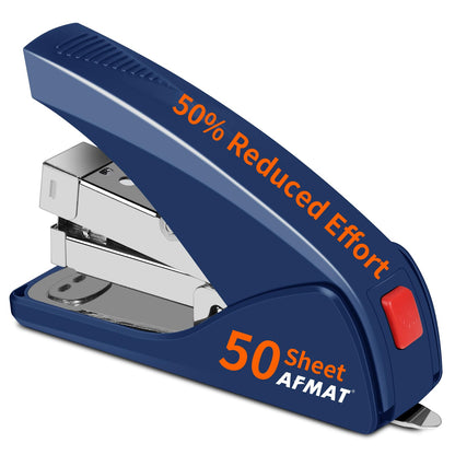 AFMAT ES10 Stapler for Desk, 50 Sheet Effortless Desktop Stapler Staple with One Finger, Portable Ergonomic Handheld Staplers Heavy Duty, Built-in Remover, Space Save Size, Good for Home & Office
