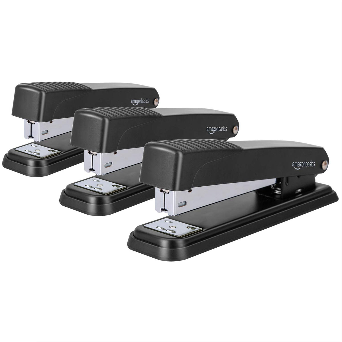 Amazon Basics Full-Strip Metal Office Desktop Stapler, 20 Sheet Capacity, Non-Slip, Black, 3-Pack