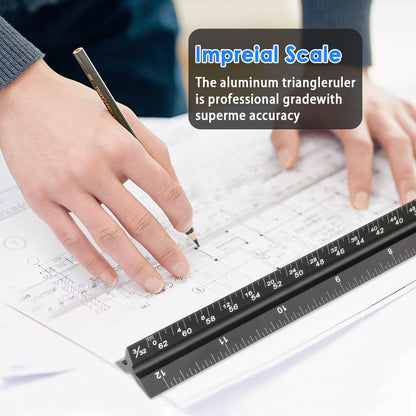 Architectural Scale Ruler 12 Inch, Aluminum Triangular Drafting Ruler