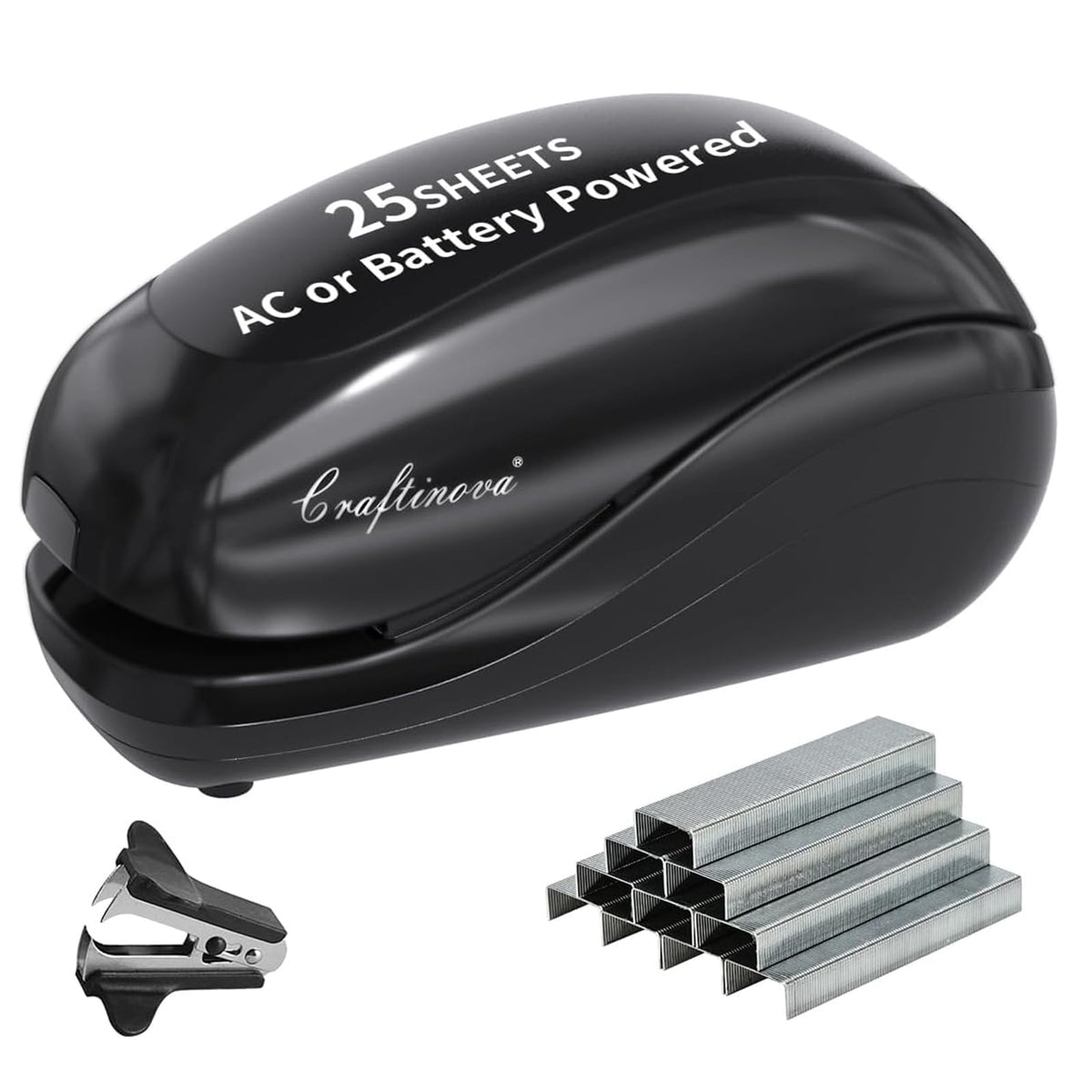 Electric Stapler,Including 2000 Staples and 1 Staple Remover, Suitable for Palm Size and high Comfort，25 Sheet Capacity, AC Adapter or Battery Powered，Battery not Included，(Black)…