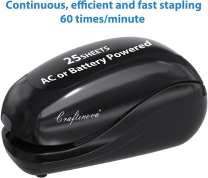 Electric Stapler,Including 2000 Staples and 1 Staple Remover, Suitable for Palm Size and high Comfort，25 Sheet Capacity, AC Adapter or Battery Powered，Battery not Included，(Black)…
