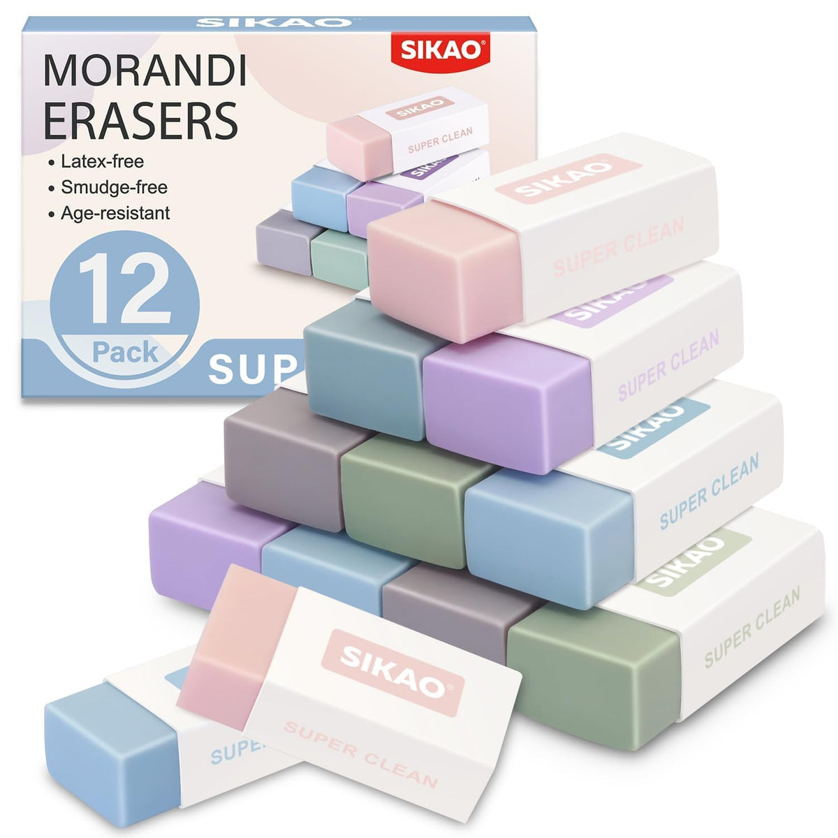 White Erasers, 12 Pack Block Pencil Erasers Super Clean Non-Melting