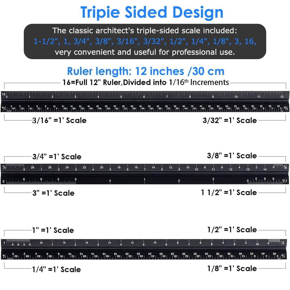 Architectural Scale Ruler 12 Inch, Aluminum Triangular Drafting Ruler