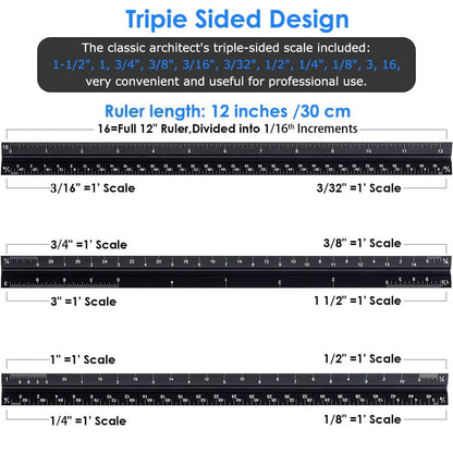 Architectural Scale Ruler 12 Inch, Aluminum Triangular Drafting Ruler