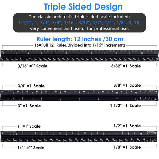 Architectural Scale Ruler 12 Inch, Aluminum Triangular Drafting Ruler