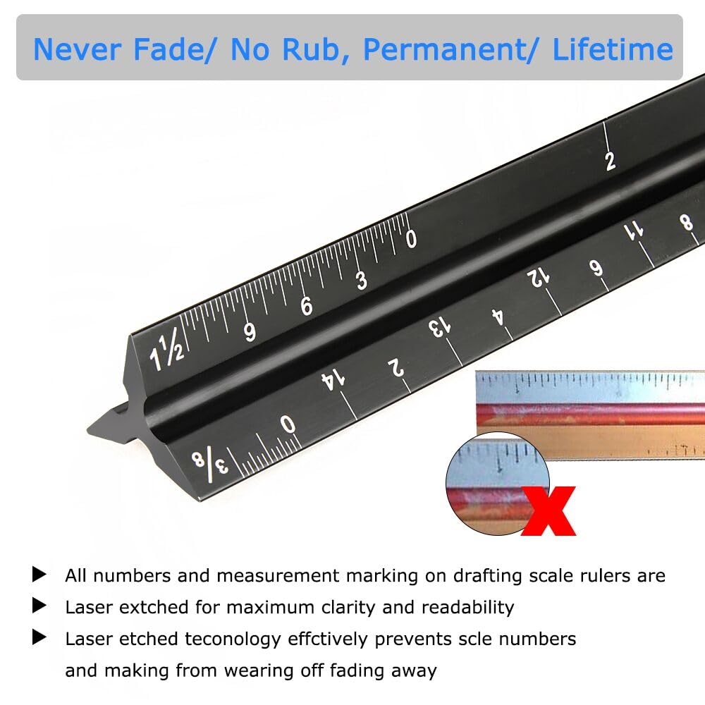 Architectural Scale Ruler 12 Inch, Aluminum Triangular Drafting Ruler