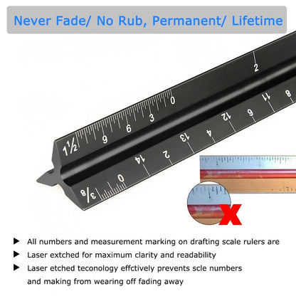 Architectural Scale Ruler 12 Inch, Aluminum Triangular Drafting Ruler