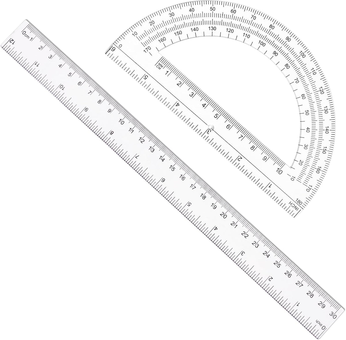 Unjoo 2 Pack 12 inch Clear Ruler and 6 inch Plastic Protractor Set, Clear