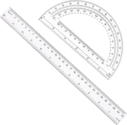 Unjoo 2 Pack 12 inch Clear Ruler and 6 inch Plastic Protractor Set, Clear