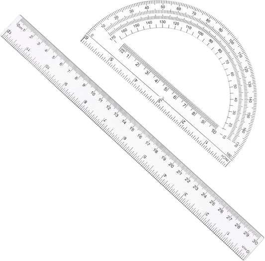 Unjoo 2 Pack 12 inch Clear Ruler and 6 inch Plastic Protractor Set, Clear