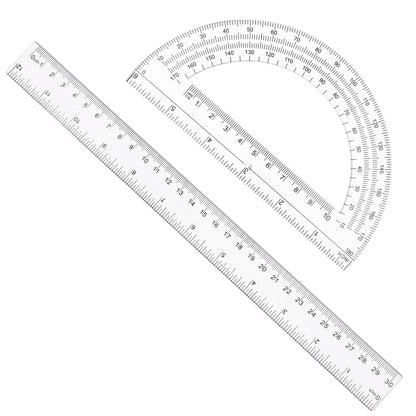 Unjoo 2 Pack 12 inch Clear Ruler and 6 inch Plastic Protractor Set, Clear