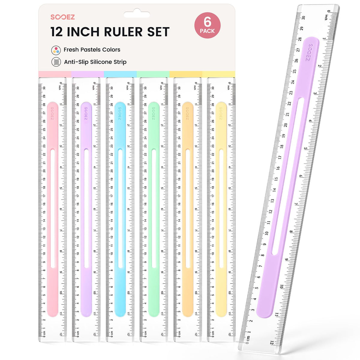 Sooez 3 Pack Ruler 12 Inch, Anti-Slip Clear Rulers for Kids School, Pastels
