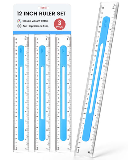 Sooez 3 Pack Ruler 12 Inch, Anti-Slip Clear Rulers for Kids School, Pastels