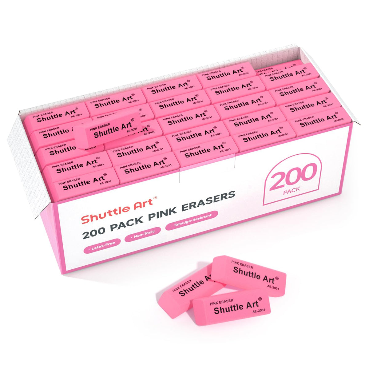 Shuttle Art Pink Erasers, 300 Pack Bulk for School, Office, Latex-Free Soft Erasers for Kids, Teachers as School Supplies